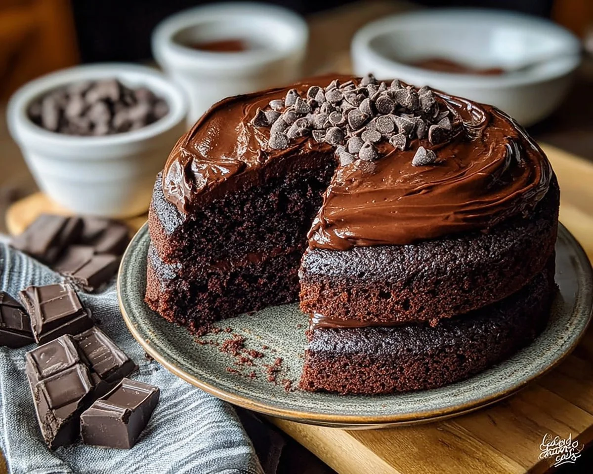 Delicious triple chocolate cake topped with chocolate frosting and shavings
