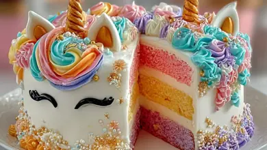 Colorful Unicorn Cake decorated with pastel icing and a unicorn horn
