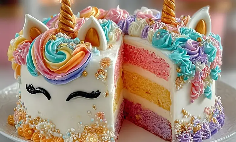 Colorful Unicorn Cake decorated with pastel icing and a unicorn horn