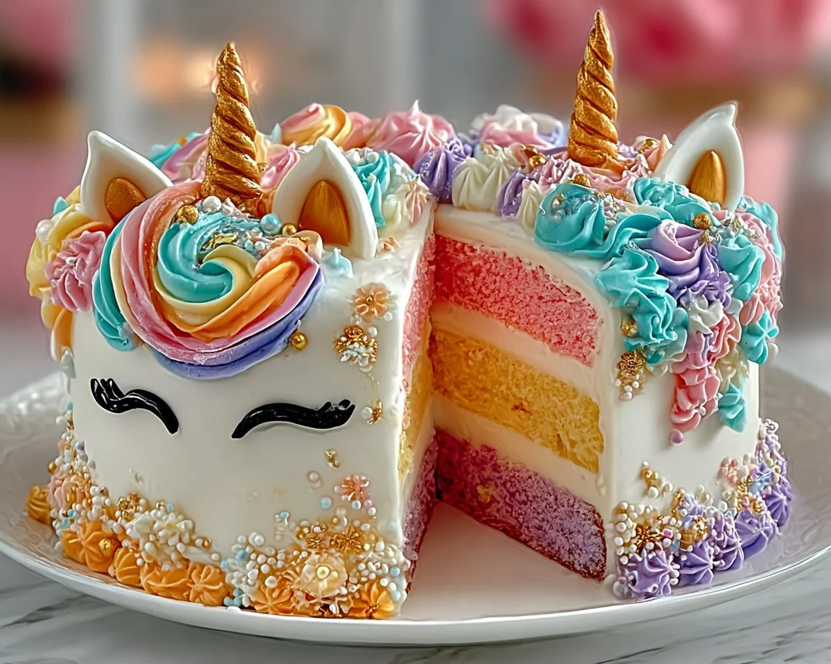 Colorful Unicorn Cake decorated with pastel icing and a unicorn horn