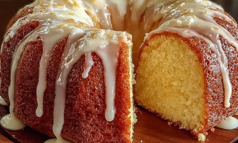 Vanilla buttermilk pound cake drizzled with cream cheese glaze on a plate