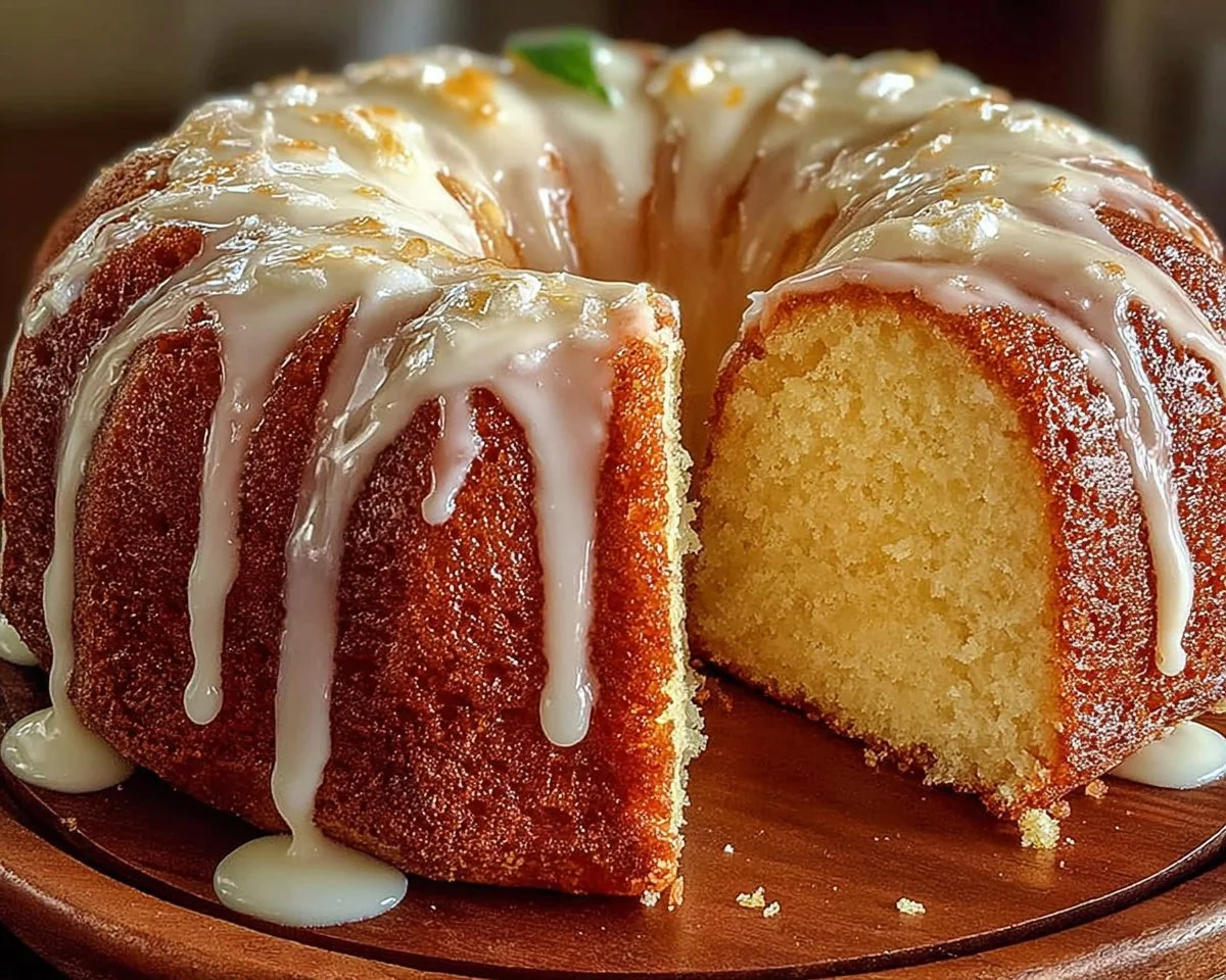 Vanilla buttermilk pound cake drizzled with cream cheese glaze on a plate