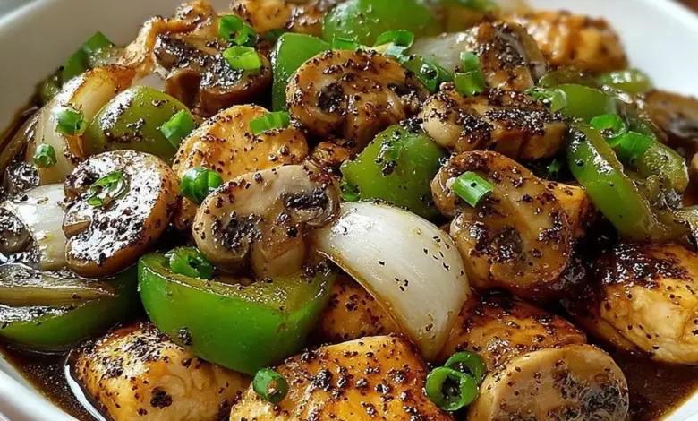 Plate of yummy black pepper chicken with mushrooms garnished with herbs