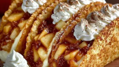 Delicious apple cheesecake tacos served on a plate with caramel drizzle.