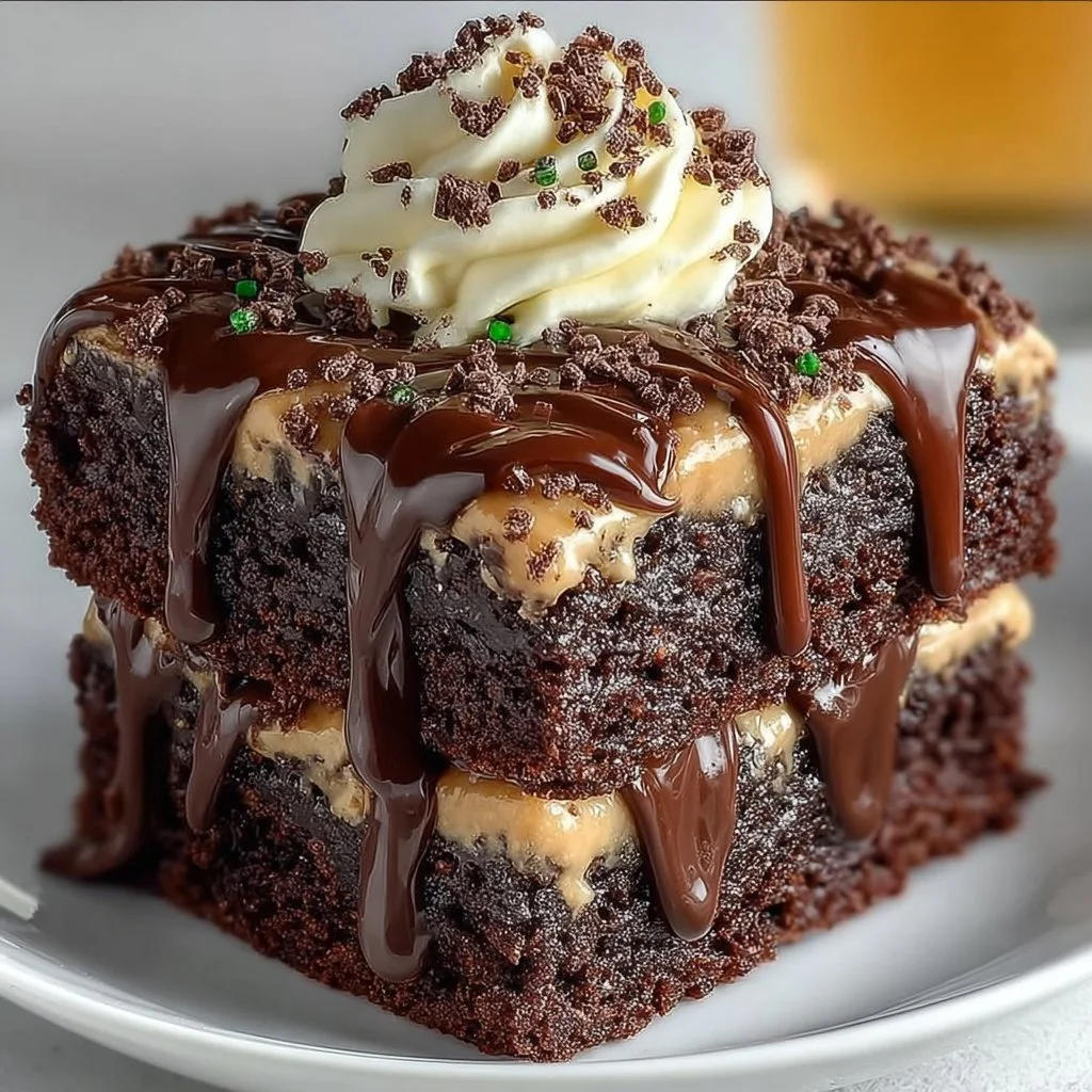 Delicious Baileys Irish Cream brownies on a plate, garnished with chocolate shavings.