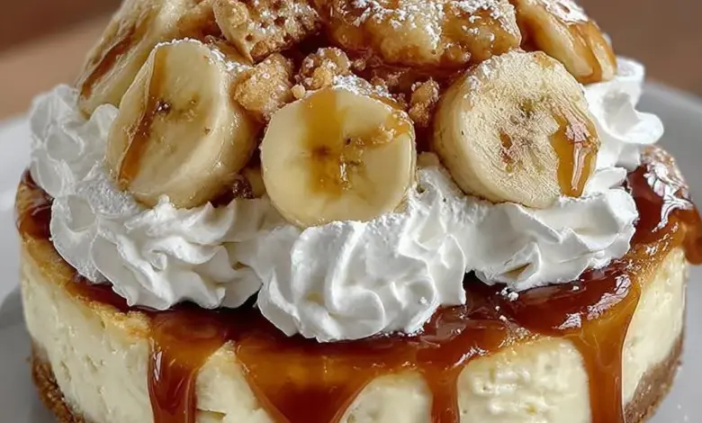 Delicious banana pudding cheesecake topped with banana slices and whipped cream.