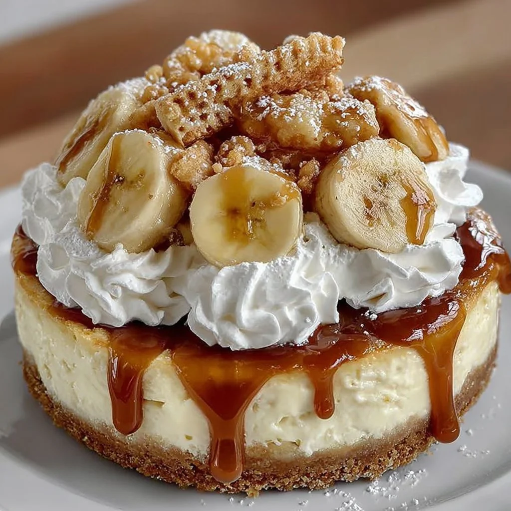 Delicious banana pudding cheesecake topped with banana slices and whipped cream.