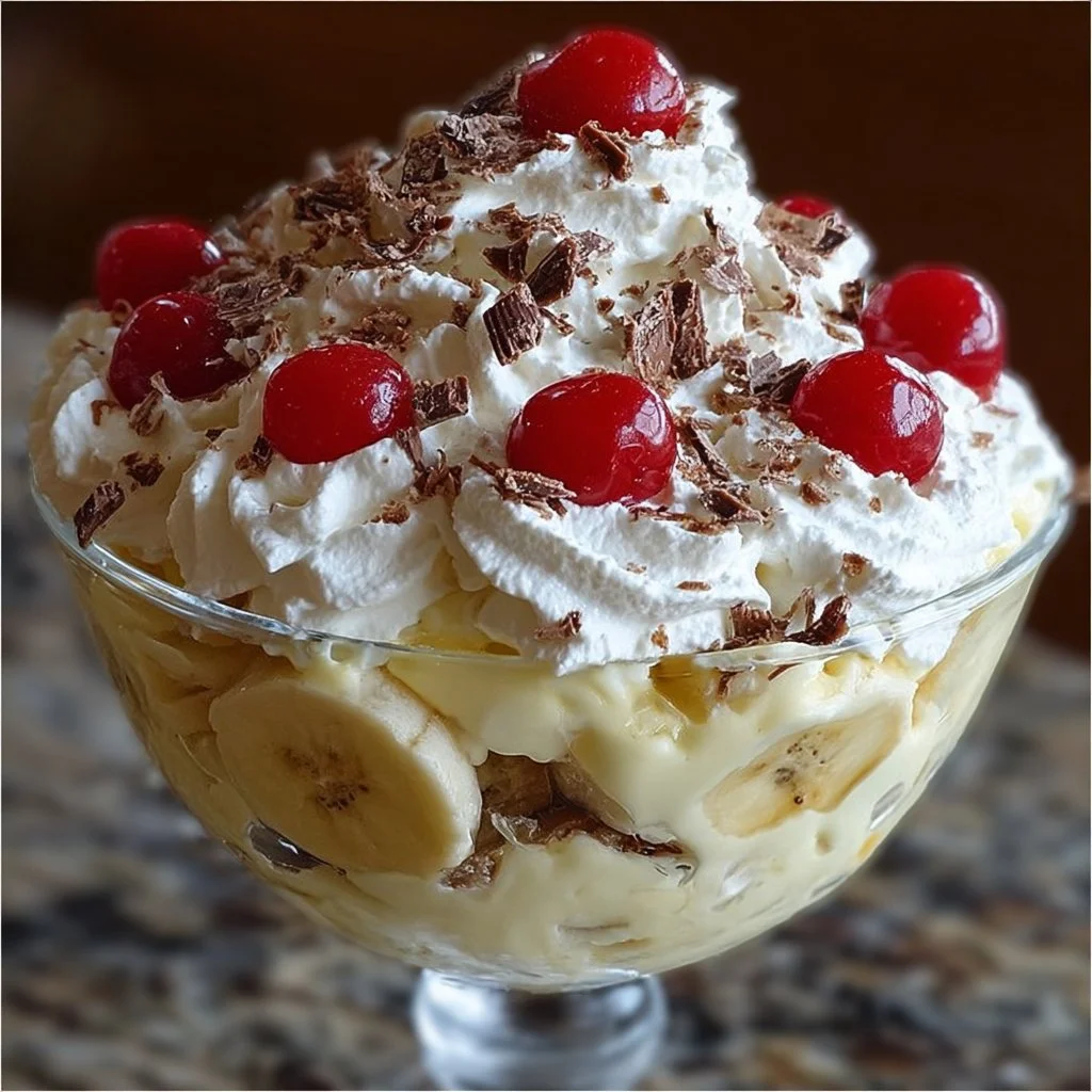 Delicious Banana Split Fluff dessert with layers of banana, whipped cream, and chocolate sauce.