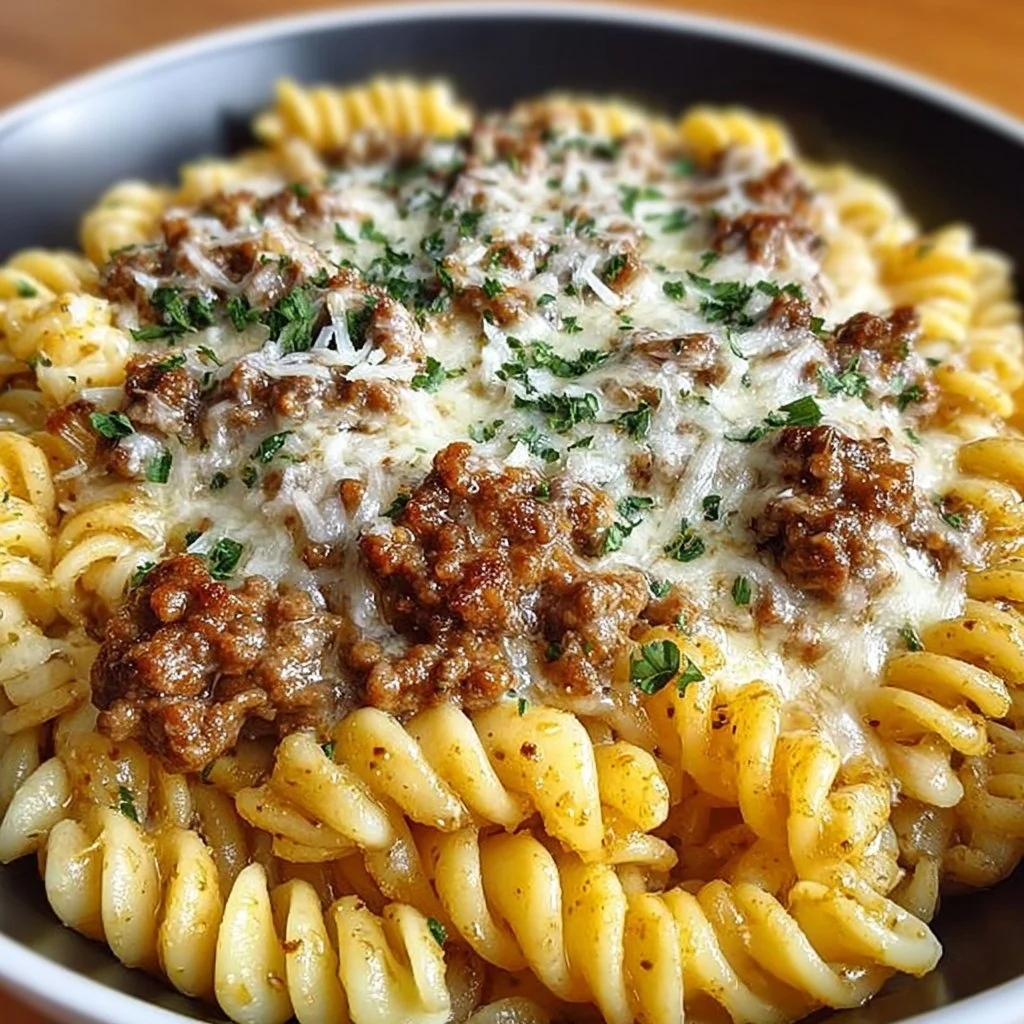 Beef Rotini in creamy garlic parmesan sauce served on a plate