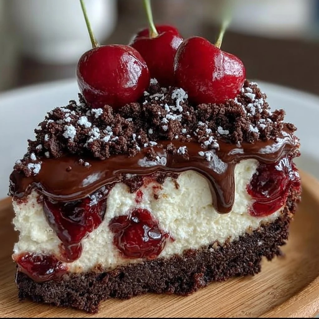 Slice of Black Forest Cheesecake topped with chocolate shavings and cherries