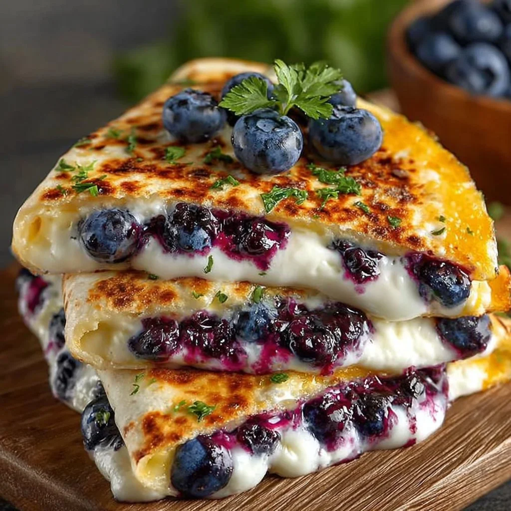 Blueberry breakfast quesadillas with melted cheese and fresh berries