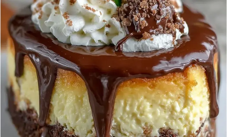 Slice of Boston Cream Pie Cheesecake topped with chocolate glaze and whipped cream