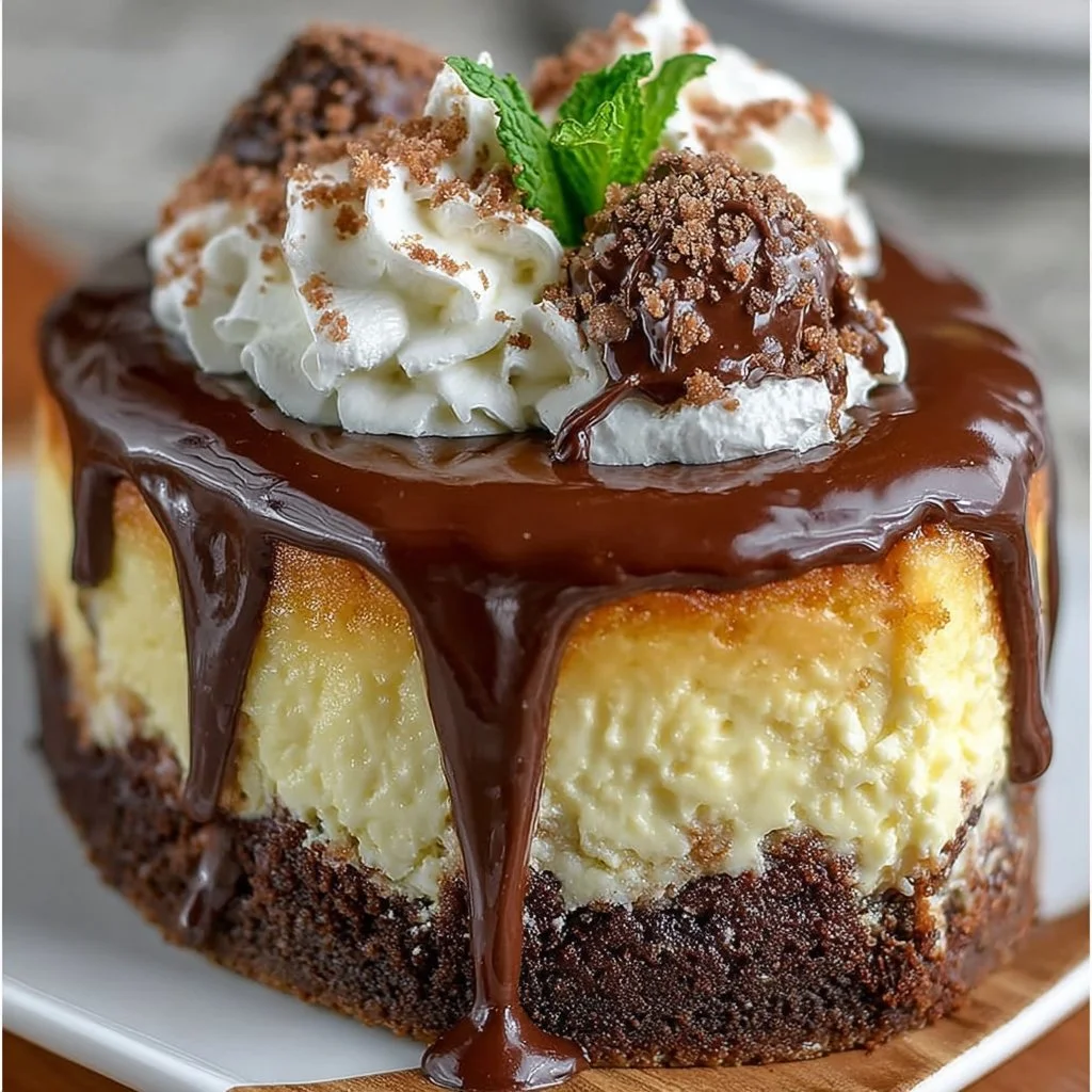 Slice of Boston Cream Pie Cheesecake topped with chocolate glaze and whipped cream