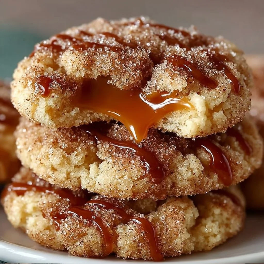Brown Sugar Cinnamon Butter Cookies with gooey caramel centers on a plate.