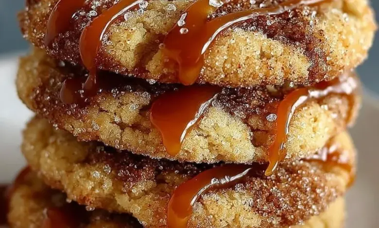 Brown Sugar Cinnamon Caramel Cookies with a caramel drizzle and cinnamon sprinkles