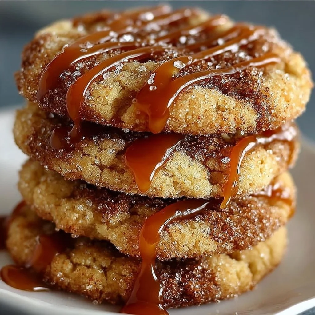 Brown Sugar Cinnamon Caramel Cookies with a caramel drizzle and cinnamon sprinkles