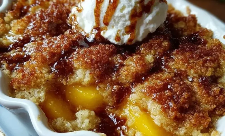 Buttery vanilla peach cobbler topped with a sweet golden crust and fresh peach slices