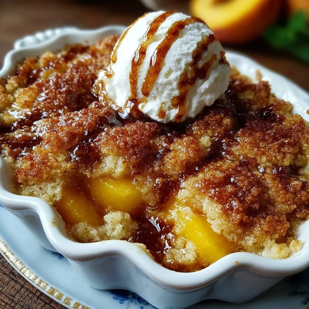 Buttery vanilla peach cobbler topped with a sweet golden crust and fresh peach slices