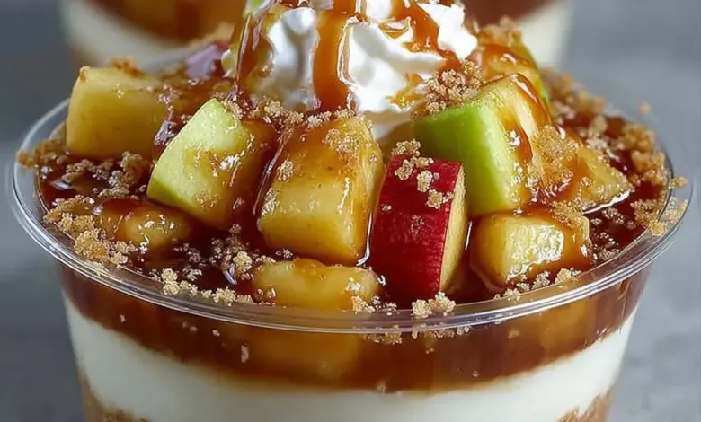 Delicious caramel apple dessert cups with fresh apples and rich caramel sauce