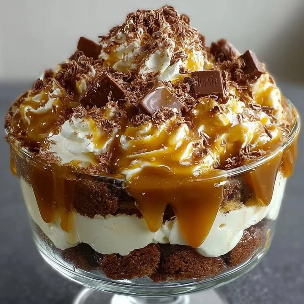 Delicious caramel cheesecake brownie trifle dessert with layers of chocolate and cream.