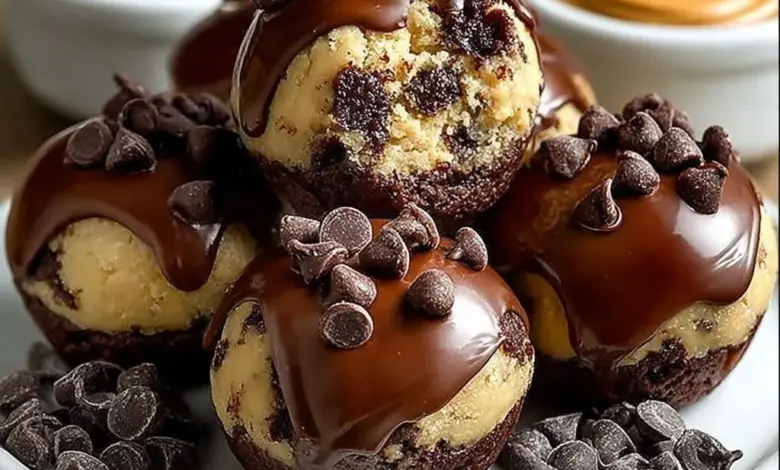 Chocolate chip cookie dough brownie bites dessert on a plate