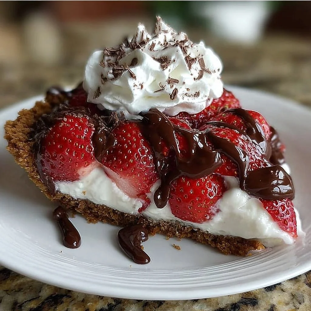 Delicious chocolate covered strawberry pie with fresh strawberries and chocolate drizzle