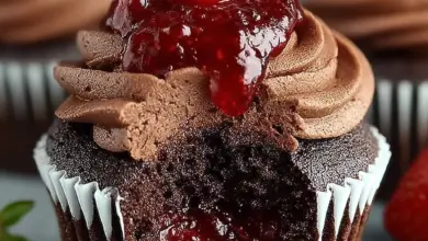 Chocolate strawberry jam cupcakes topped with fresh strawberries and chocolate frosting.