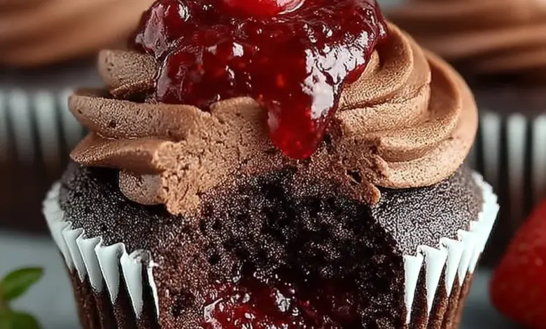 Chocolate strawberry jam cupcakes topped with fresh strawberries and chocolate frosting.