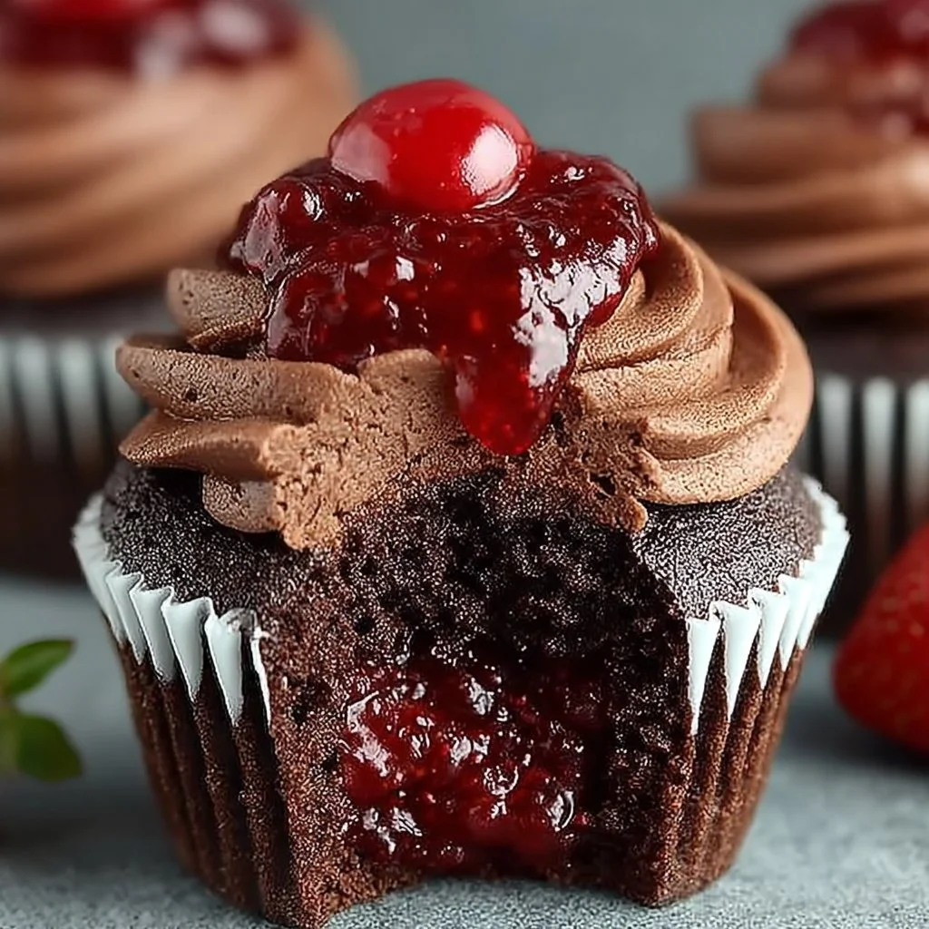 Chocolate strawberry jam cupcakes topped with fresh strawberries and chocolate frosting.