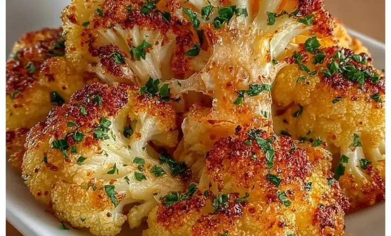 Plate of crispy roasted cauliflower with seasoning, ready to serve