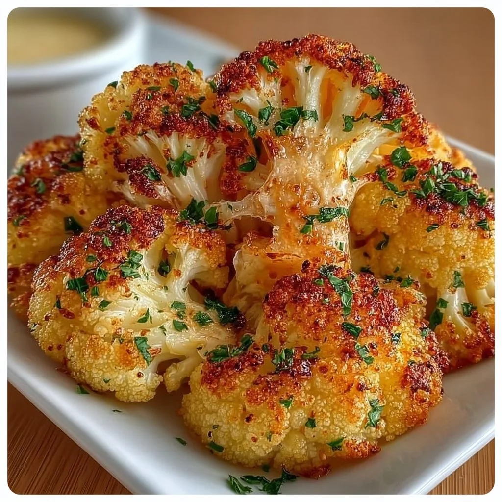 Plate of crispy roasted cauliflower with seasoning, ready to serve