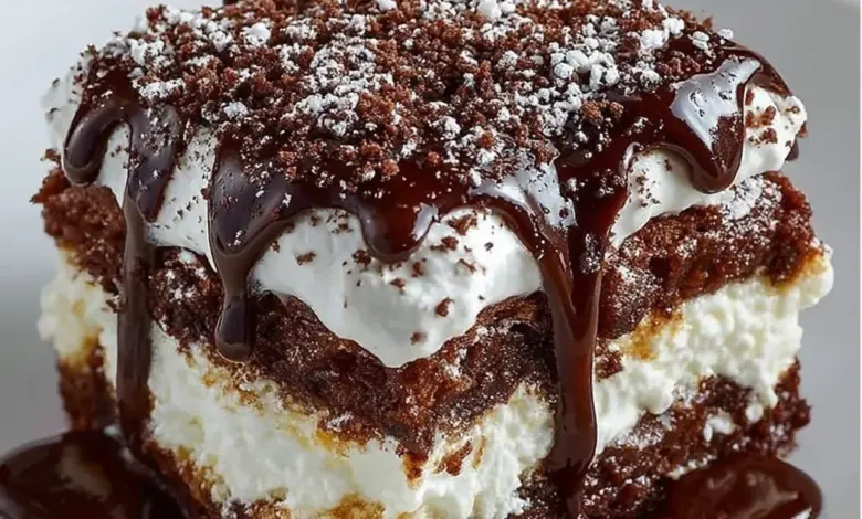 Decadent brownie lasagna dessert with layers of chocolate and cream
