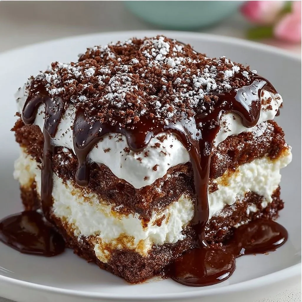 Decadent brownie lasagna dessert with layers of chocolate and cream