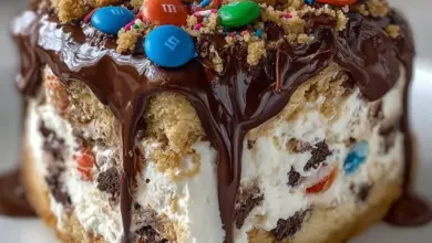 Decadent chocolate ice cream cake with M&M’s and chocolate chip cookie dough