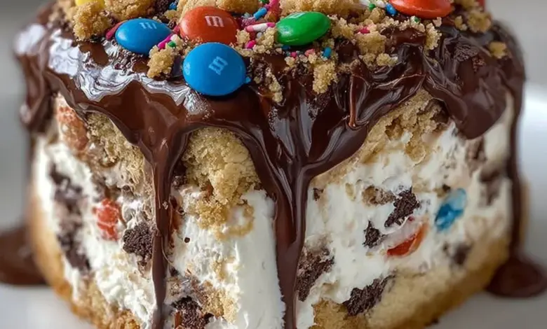 Decadent chocolate ice cream cake with M&M’s and chocolate chip cookie dough