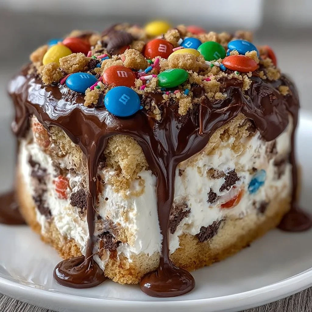 Decadent chocolate ice cream cake with M&M’s and chocolate chip cookie dough