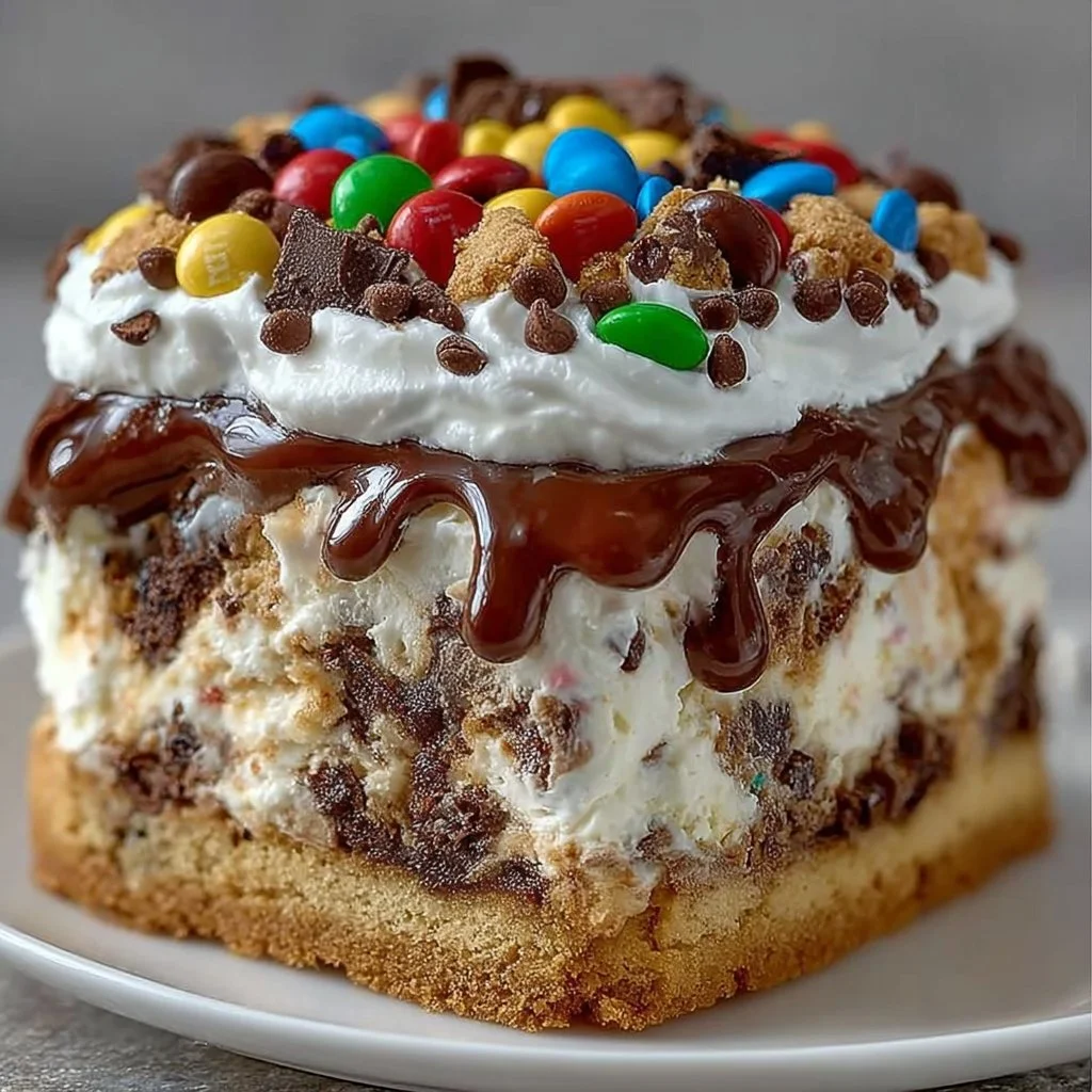 Decadent Chocolate M&M’s and Chocolate Chip Cookie Dough Ice Cream Cake