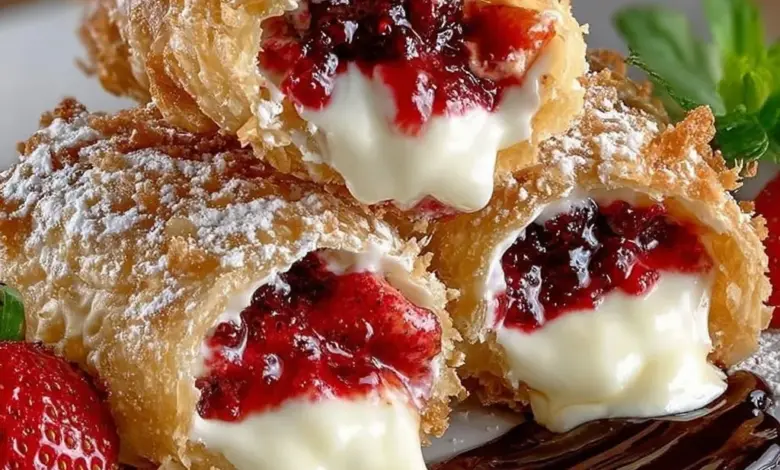 Deep fried strawberry cheesecake pies with a crispy exterior and creamy filling