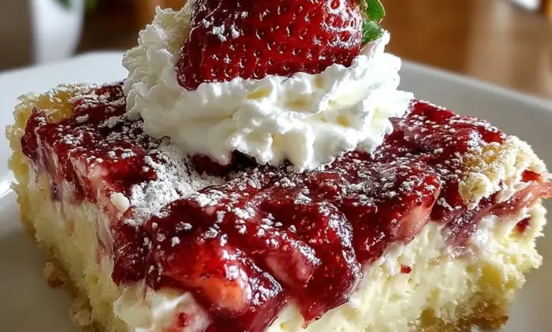 Delicious Donna Wood strawberry cheesecake dump cake sliced and served.
