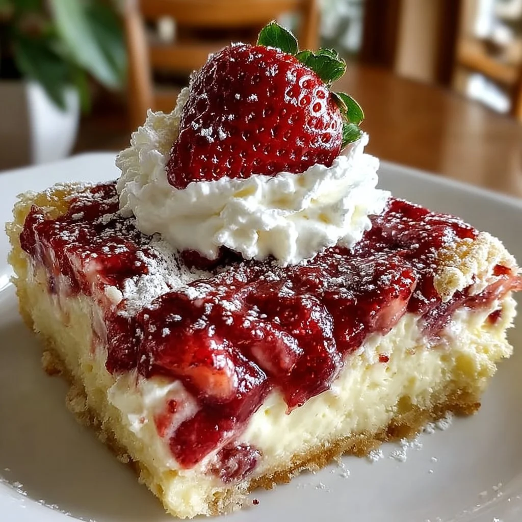 Delicious Donna Wood strawberry cheesecake dump cake sliced and served.