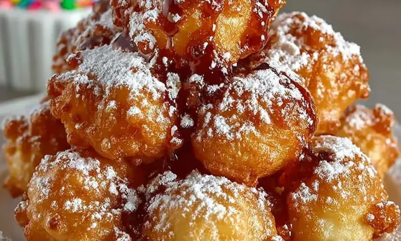 Delicious funnel cake bites served with powdered sugar and dip
