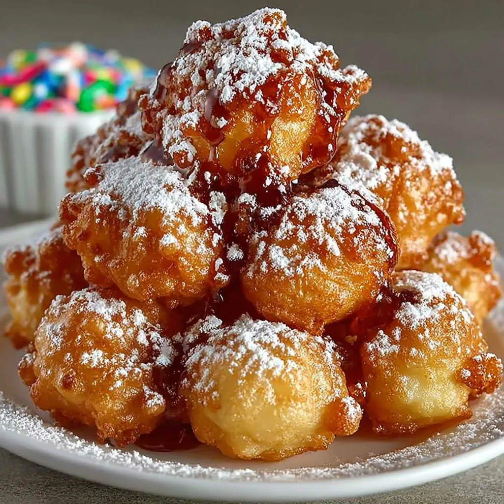 Delicious funnel cake bites served with powdered sugar and dip