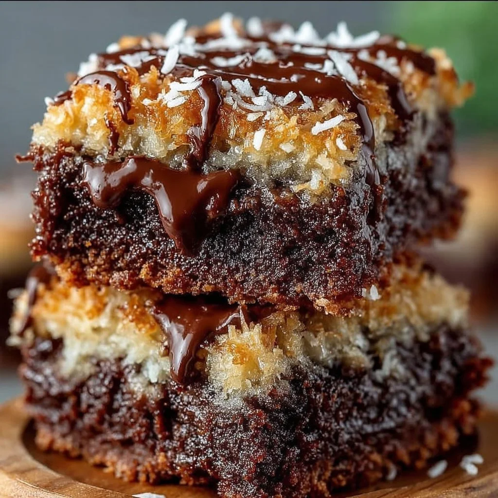 Rich German chocolate brownies with a coconut pecan topping on a plate.