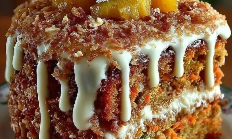 Hawaiian Carrot Pineapple Cake topped with cream cheese frosting and garnished with pineapple.