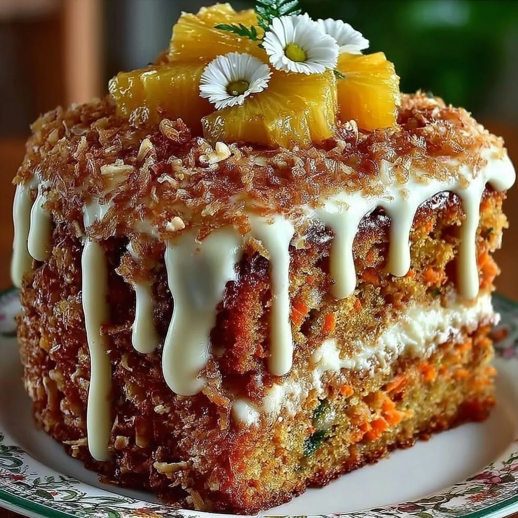 Hawaiian Carrot Pineapple Cake topped with cream cheese frosting and garnished with pineapple.