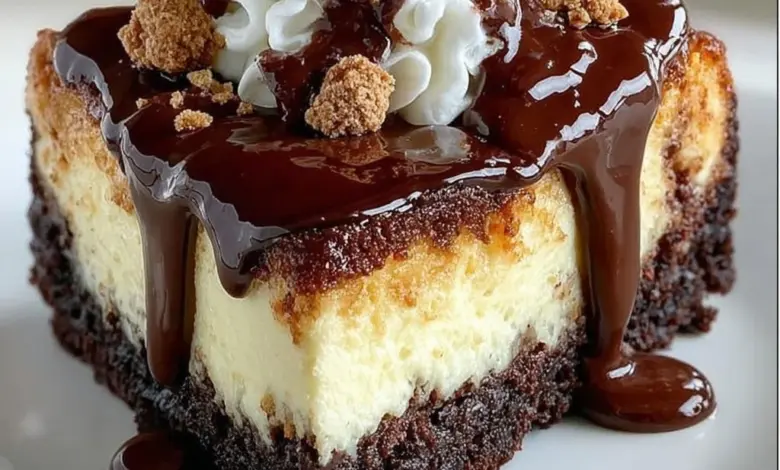 Delicious hot fudge sundae brownie cheesecake topped with ice cream and fudge sauce.