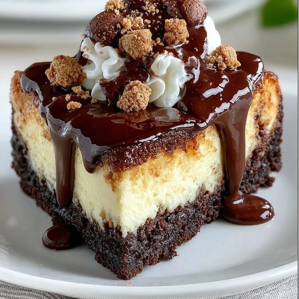 Delicious hot fudge sundae brownie cheesecake topped with ice cream and fudge sauce.