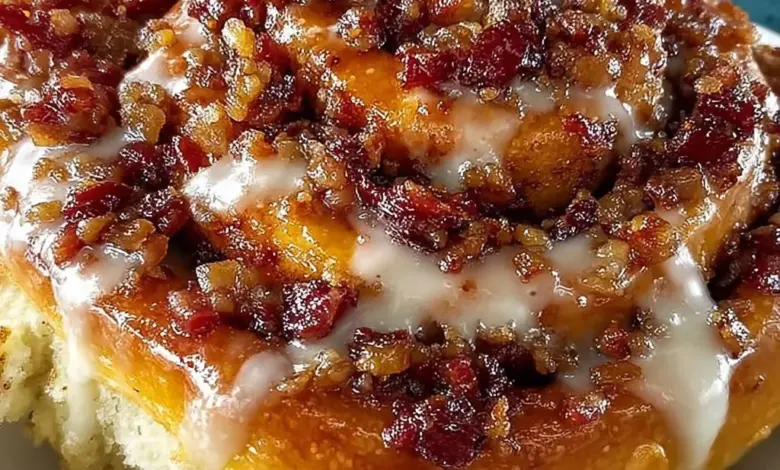 Deliciously drizzled Maple Bacon Cinnamon Rolls on a wooden table