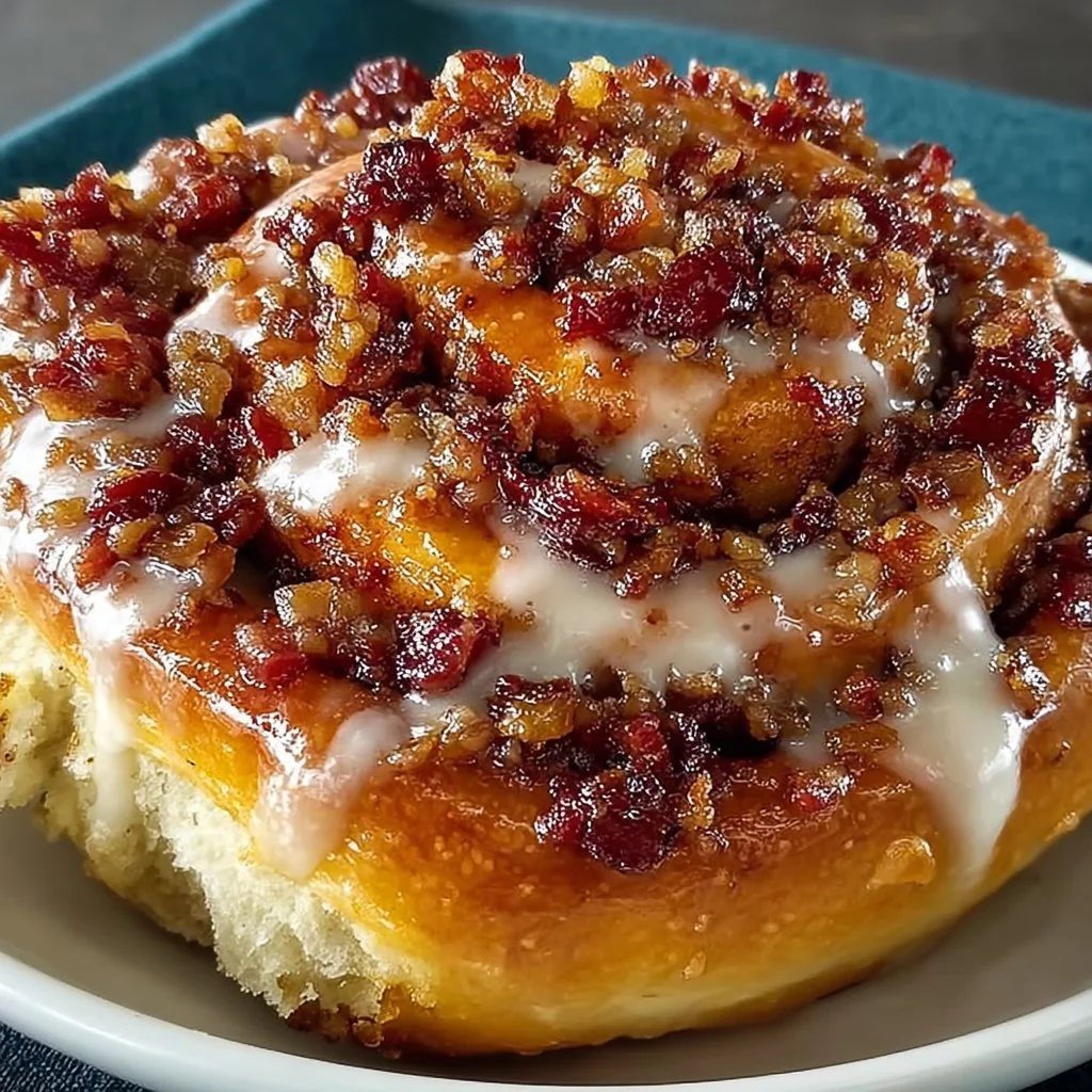 Deliciously drizzled Maple Bacon Cinnamon Rolls on a wooden table
