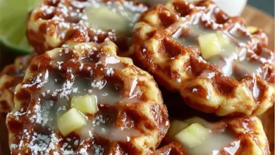 Mini apple fritter waffle donuts served on a plate, drizzled with icing.